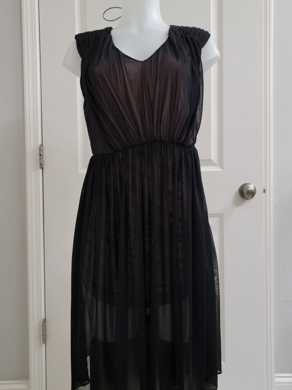 Kenneth Cole Black Sheer Midi Dress with Gathered Waist